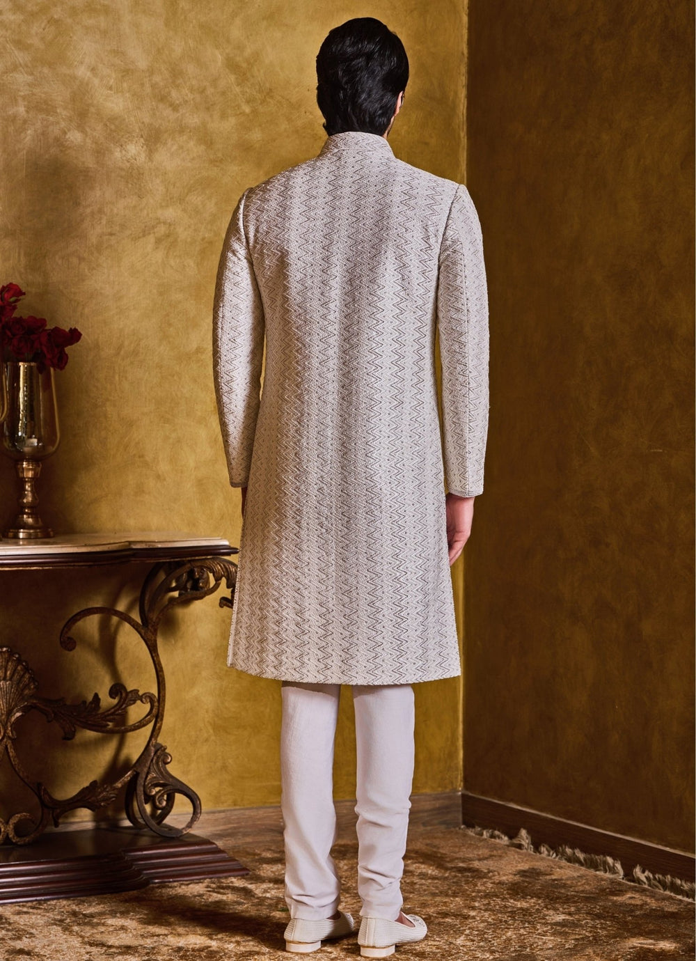Ivory Raw Silk Sherwani Set Nitika Gujral - Men - Fabilicious Fashion