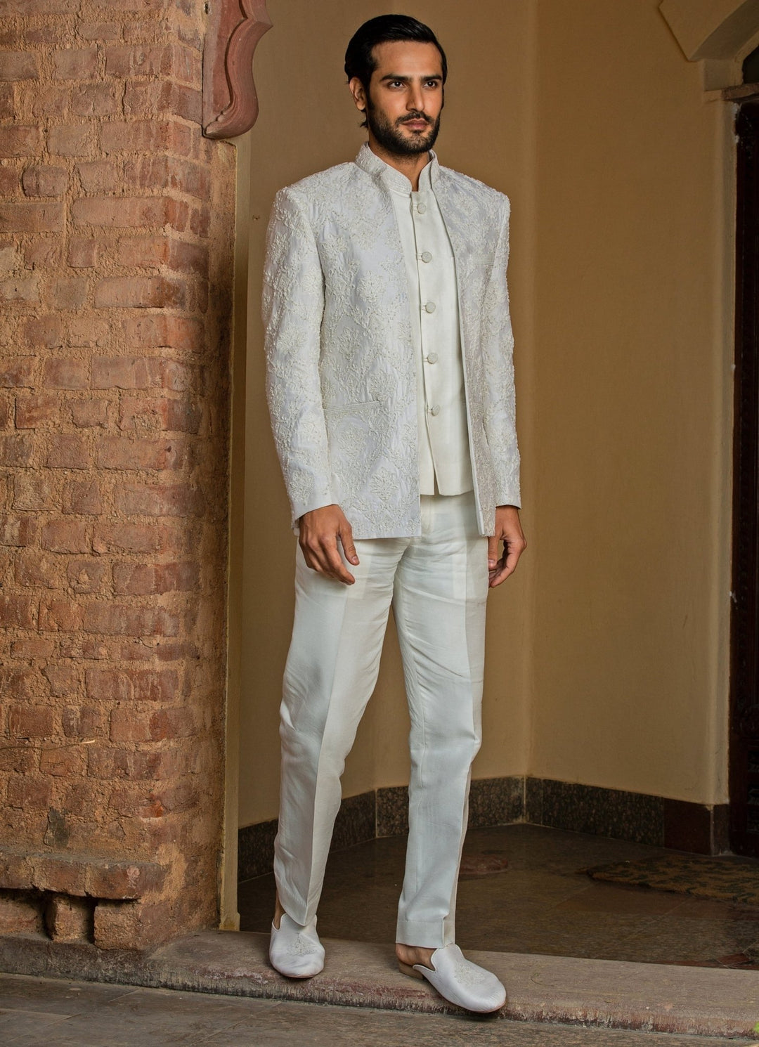 Ivory Raw Silk Short Jacket Set Nitika Gujral - Men - Fabilicious Fashion