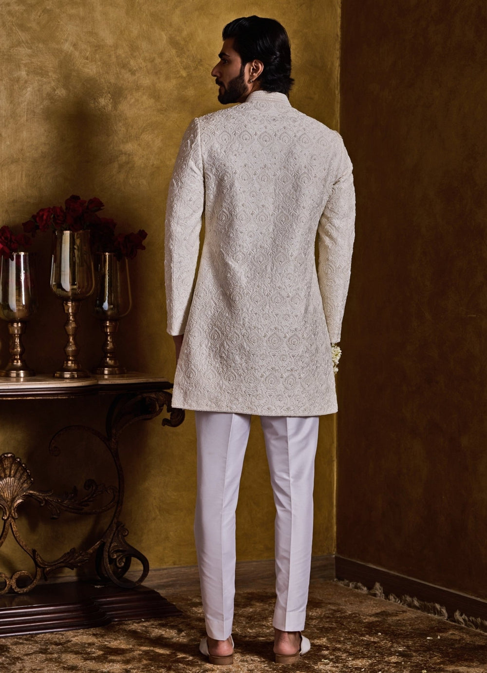 Ivory Raw Silk Short Sherwani Set Nitika Gujral - Men - Fabilicious Fashion