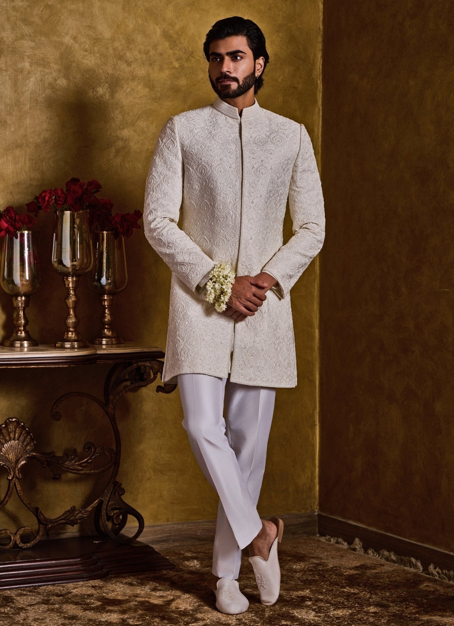 Short ivory sherwani for cocktail or wedding event