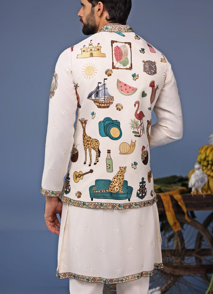 Ivory Resham Embroidered Kurta Jacket Set Kalpraag - Fabilicious Fashion