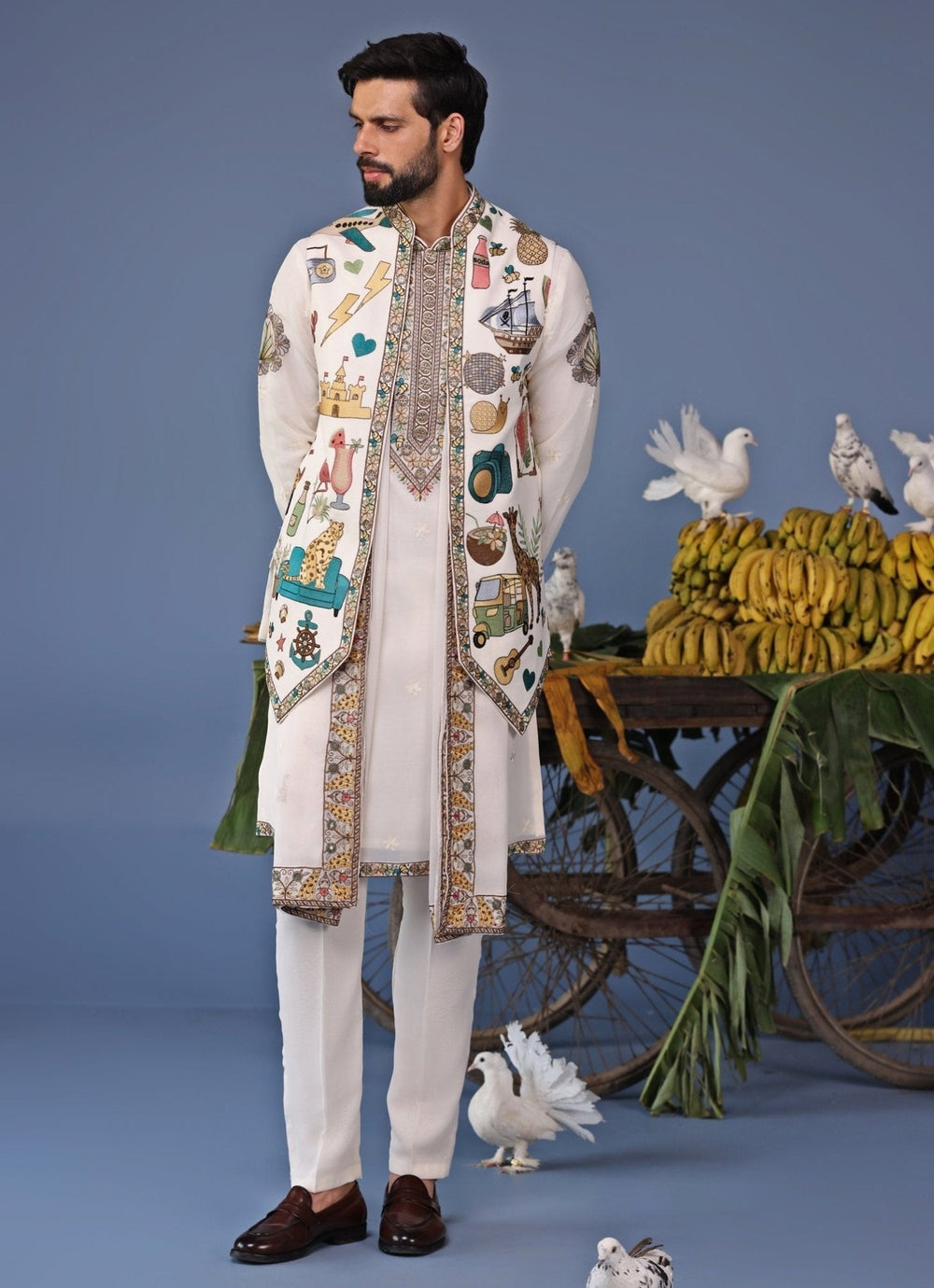 Ivory Resham Embroidered Kurta Jacket Set Kalpraag - Fabilicious Fashion
