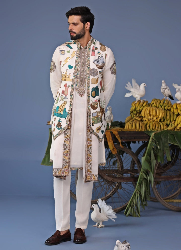 Ivory Resham Embroidered Kurta Jacket Set Kalpraag - Fabilicious Fashion
