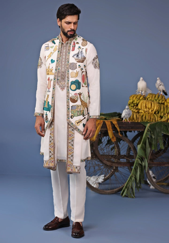 Ivory Resham Embroidered Kurta Jacket Set Kalpraag - Fabilicious Fashion
