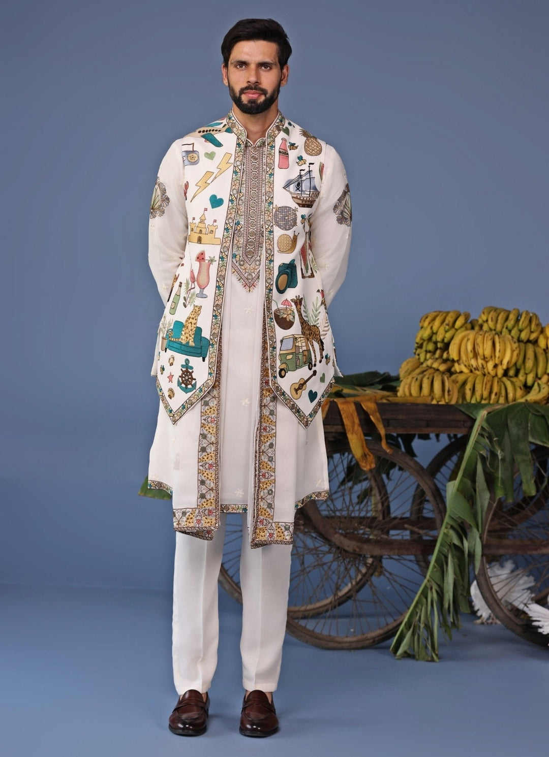 Ivory Resham Embroidered Kurta Jacket Set Kalpraag - Fabilicious Fashion