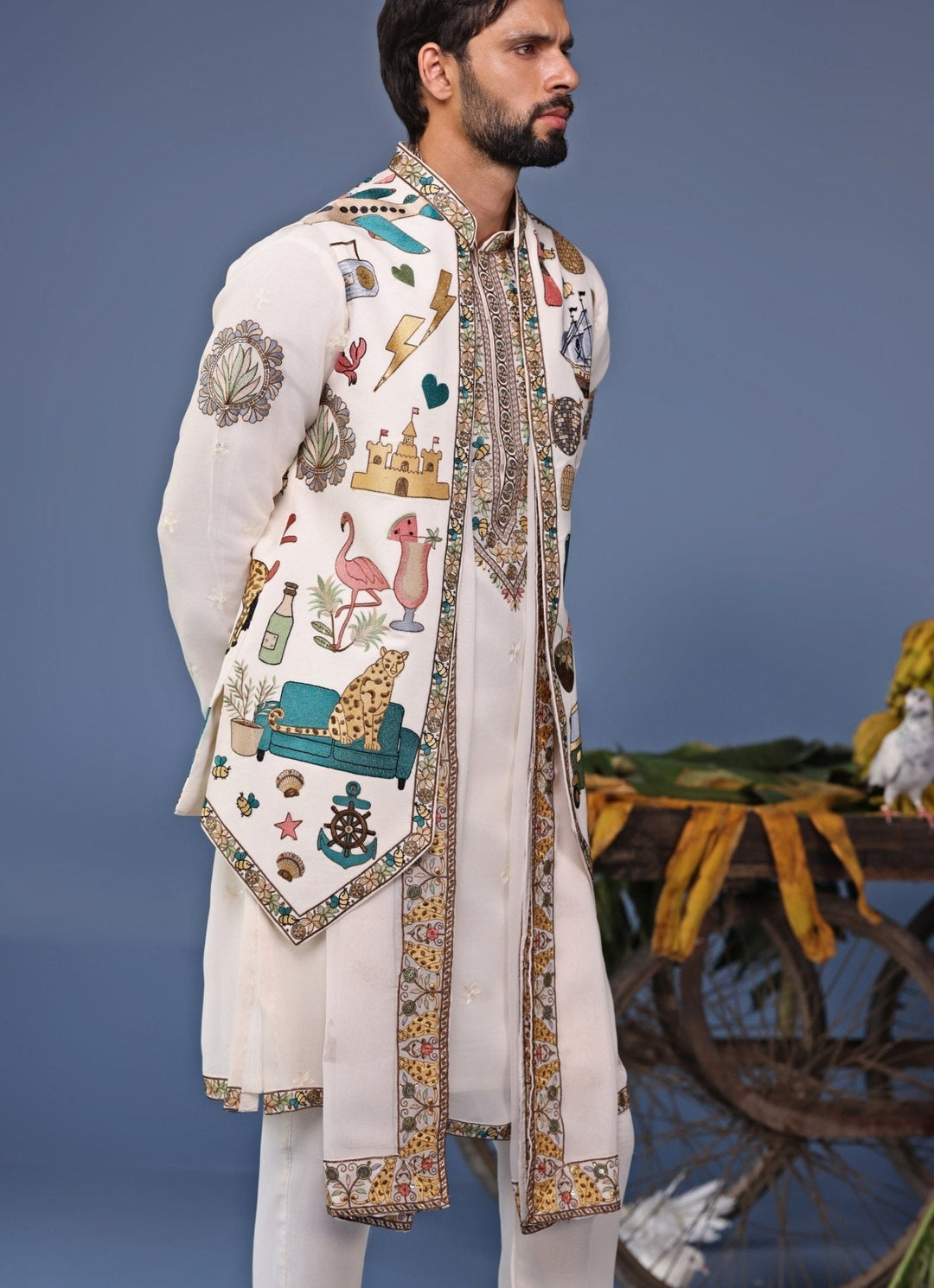 Ivory Resham Embroidered Kurta Jacket Set Kalpraag - Fabilicious Fashion