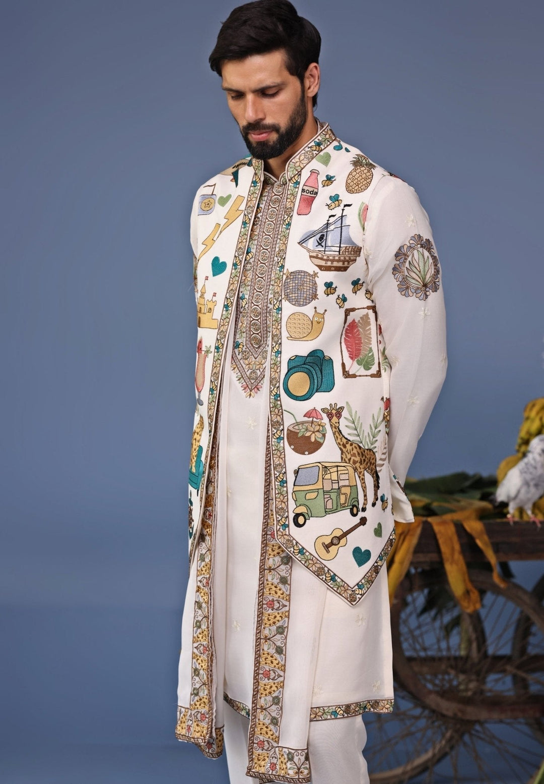 Ivory Resham Embroidered Kurta Jacket Set Kalpraag - Fabilicious Fashion