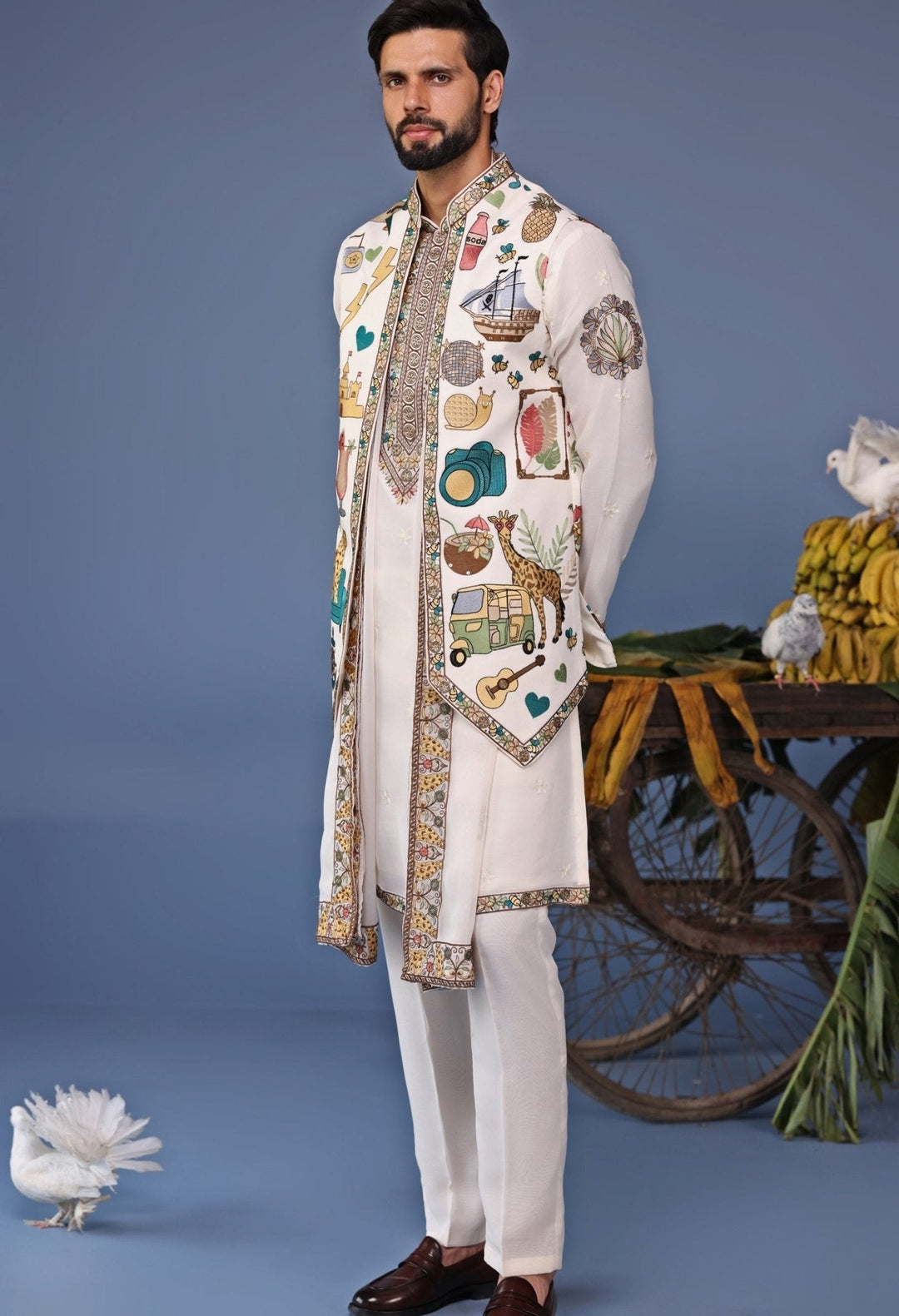 Ivory Resham Embroidered Kurta Jacket Set Kalpraag - Fabilicious Fashion