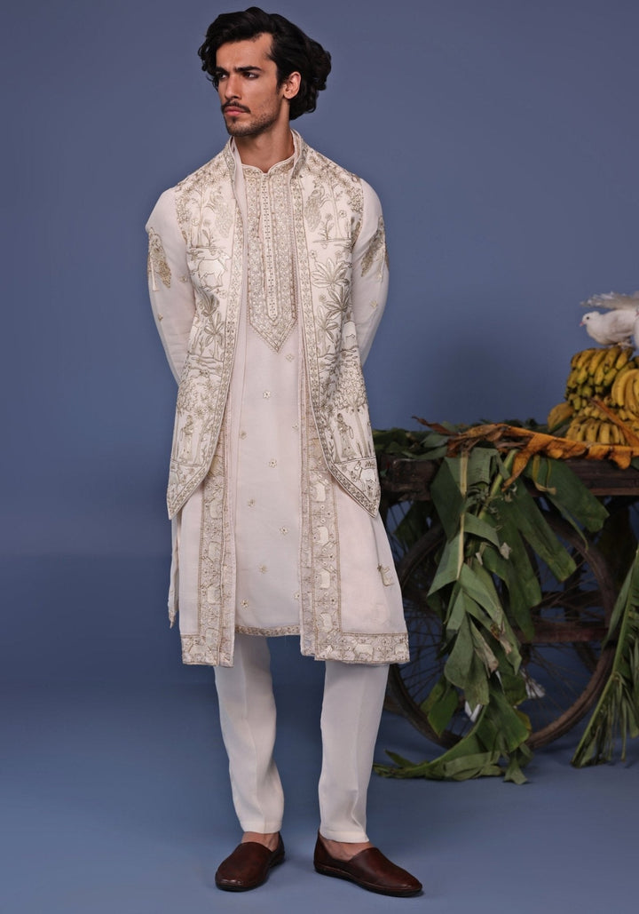 Ivory Resham Embroidered Kurta Set with Asymmetric Jacket Kalpraag - Fabilicious Fashion