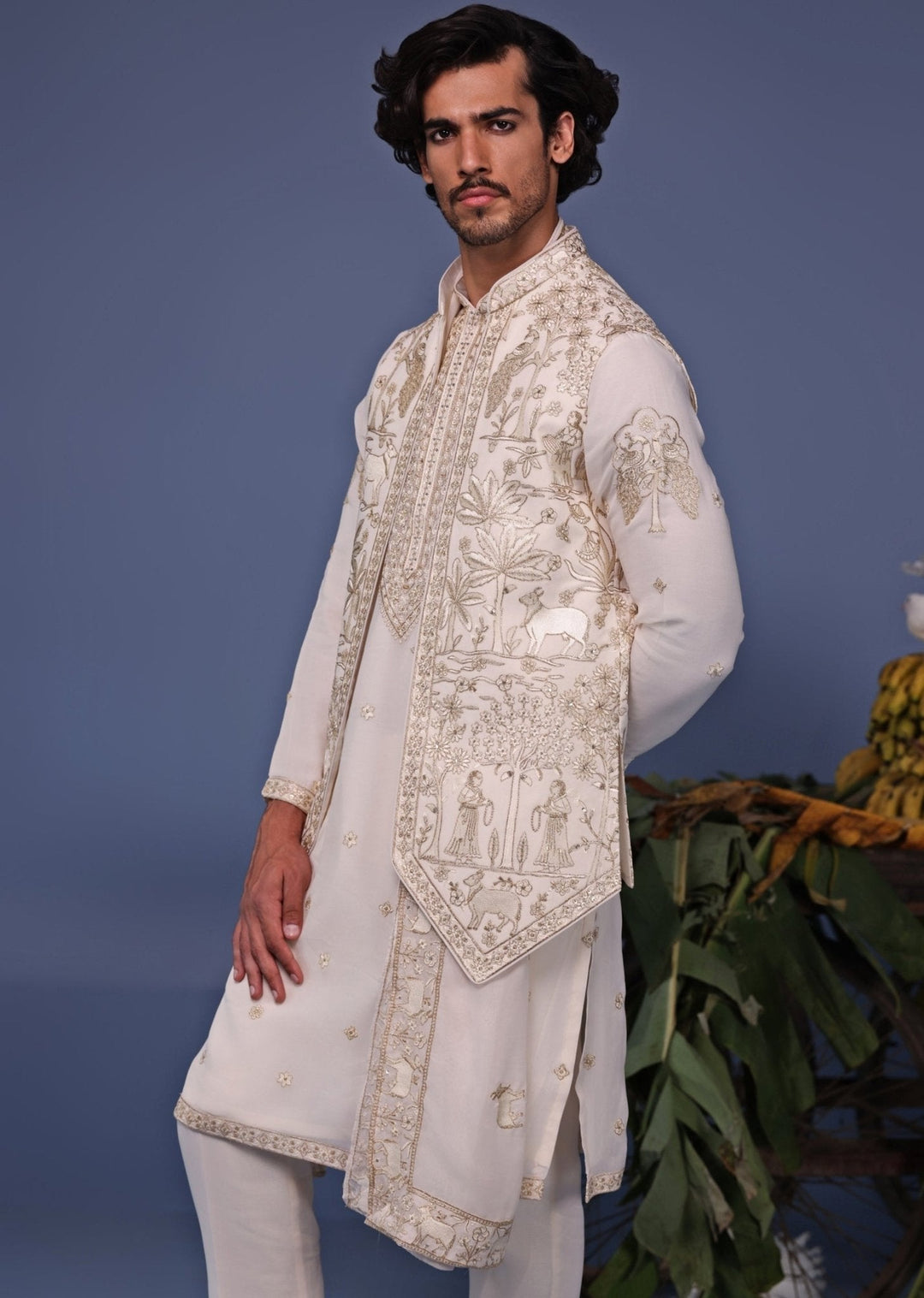 Ivory Resham Embroidered Kurta Set with Asymmetric Jacket Kalpraag - Fabilicious Fashion