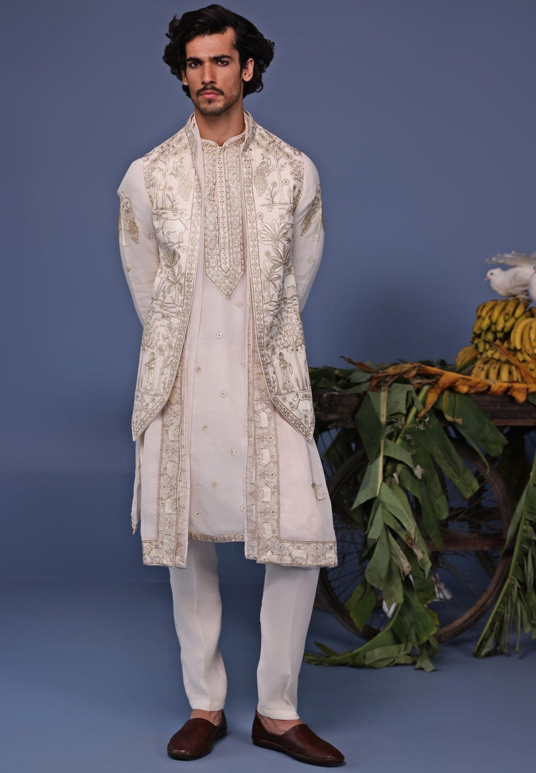 Ivory Resham Embroidered Kurta Set with Asymmetric Jacket Kalpraag - Fabilicious Fashion
