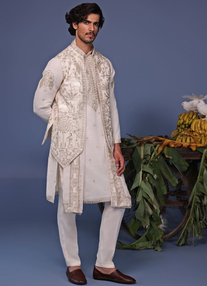 Ivory Resham Embroidered Kurta Set with Asymmetric Jacket Kalpraag - Fabilicious Fashion