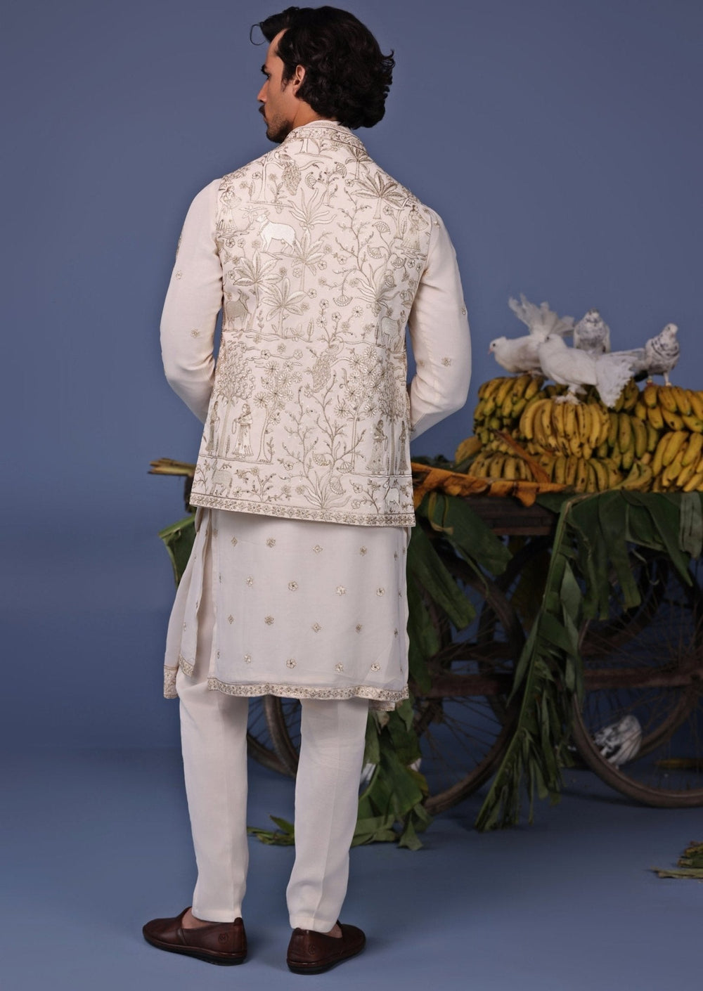 Ivory Resham Embroidered Kurta Set with Asymmetric Jacket Kalpraag - Fabilicious Fashion
