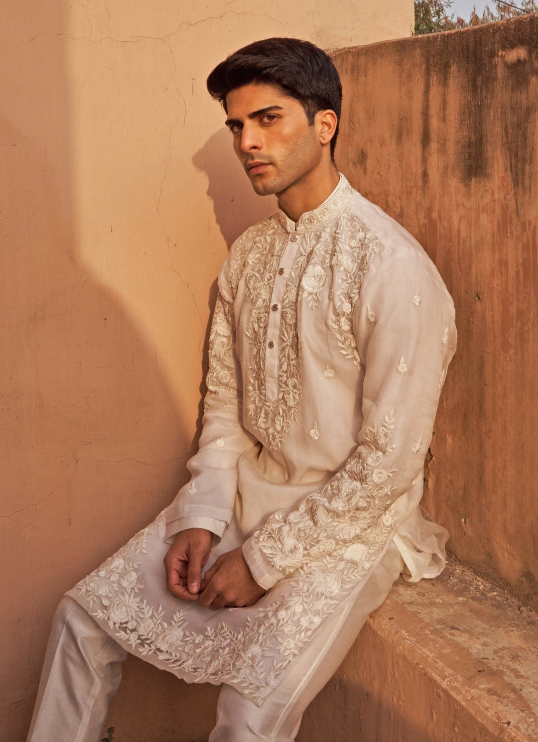 Ivory Resham Embroidered Organza Kurta Set Nidhika Shekhar - Men - Fabilicious Fashion