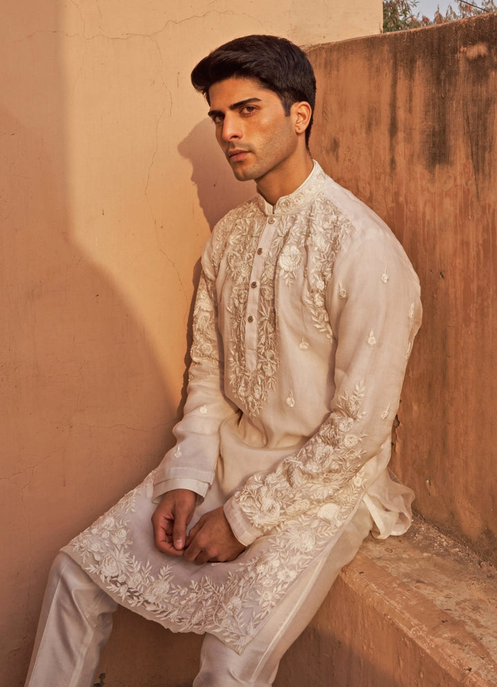 Ivory Resham Embroidered Organza Kurta Set Nidhika Shekhar - Men - Fabilicious Fashion
