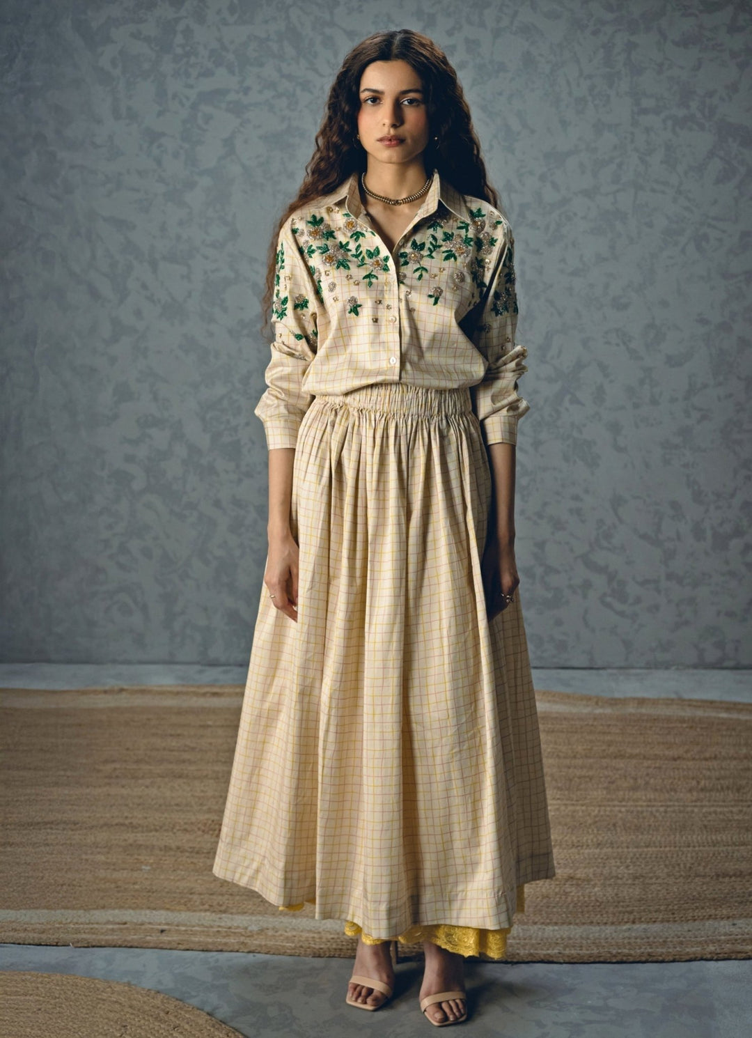 Paulmi and Harsh X Ease Ivory Satin Checked Skirt SetFabilicious Fashion