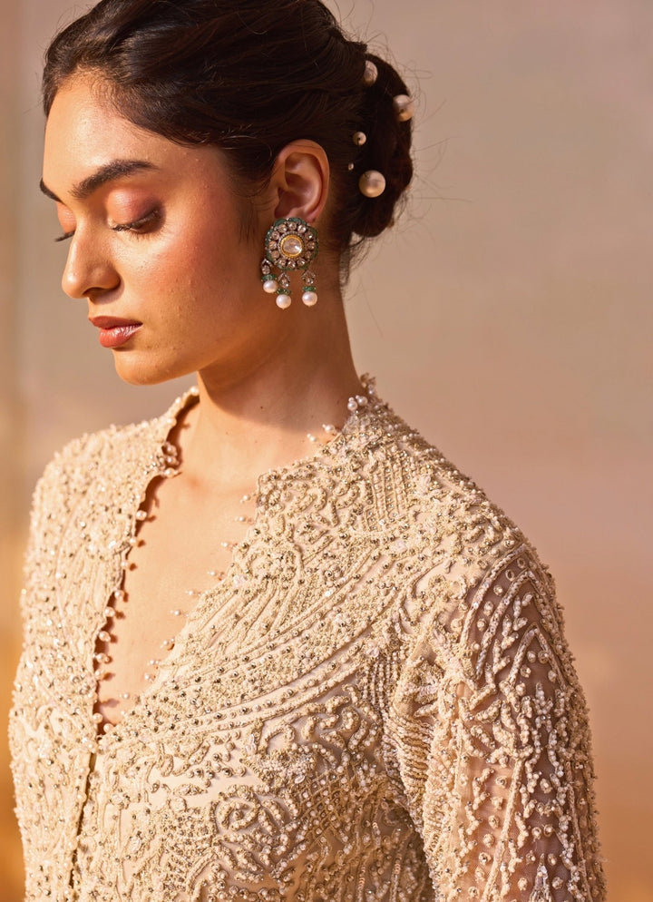 Nitika Gujral Ivory Satin Drape Skirt Set With Embroidered JacketFabilicious Fashion