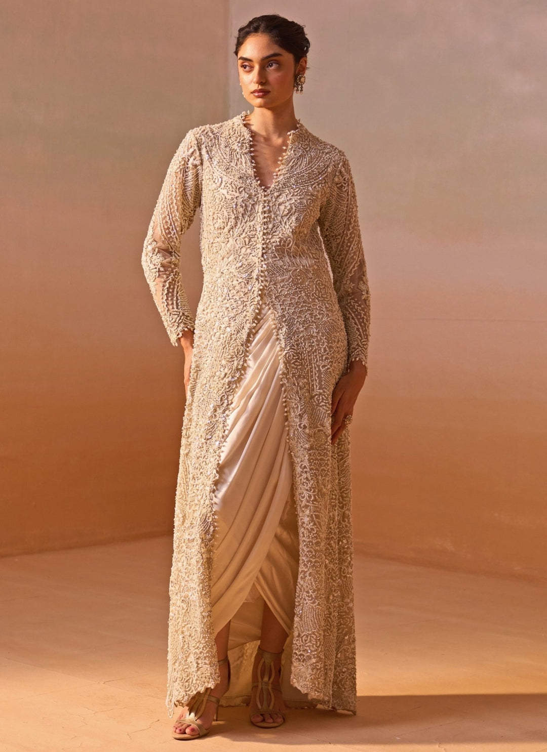 Nitika Gujral Ivory Satin Drape Skirt Set With Embroidered JacketFabilicious Fashion