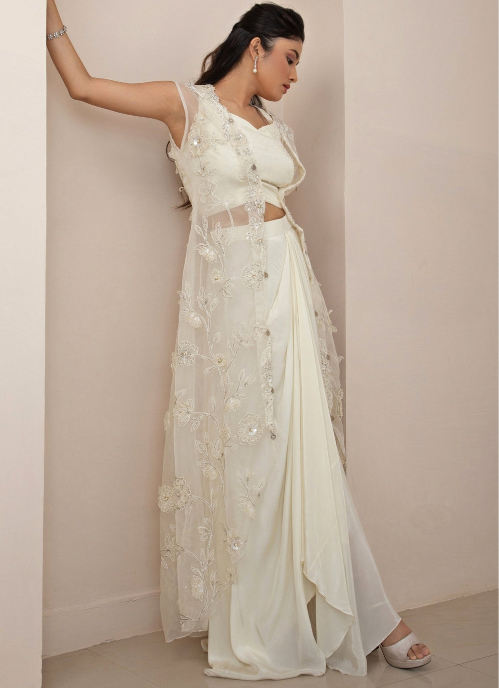 Ivory Satin Drape Skirt With Sequin Embroidered Cape Smriti - Fabilicious Fashion