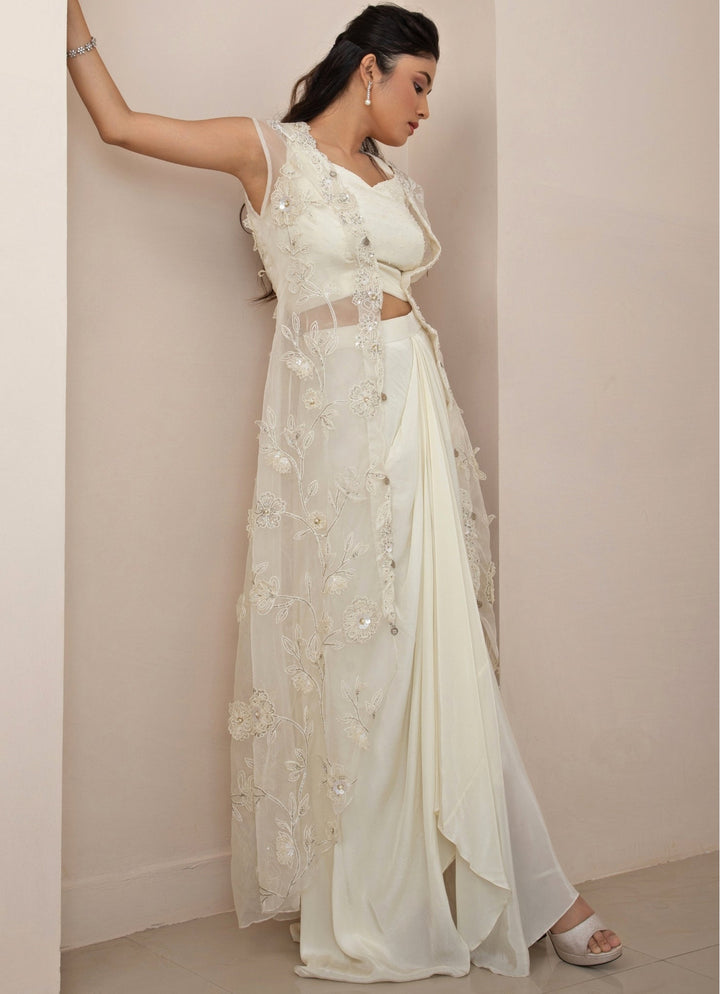 Ivory Satin Drape Skirt With Sequin Embroidered Cape Smriti - Fabilicious Fashion