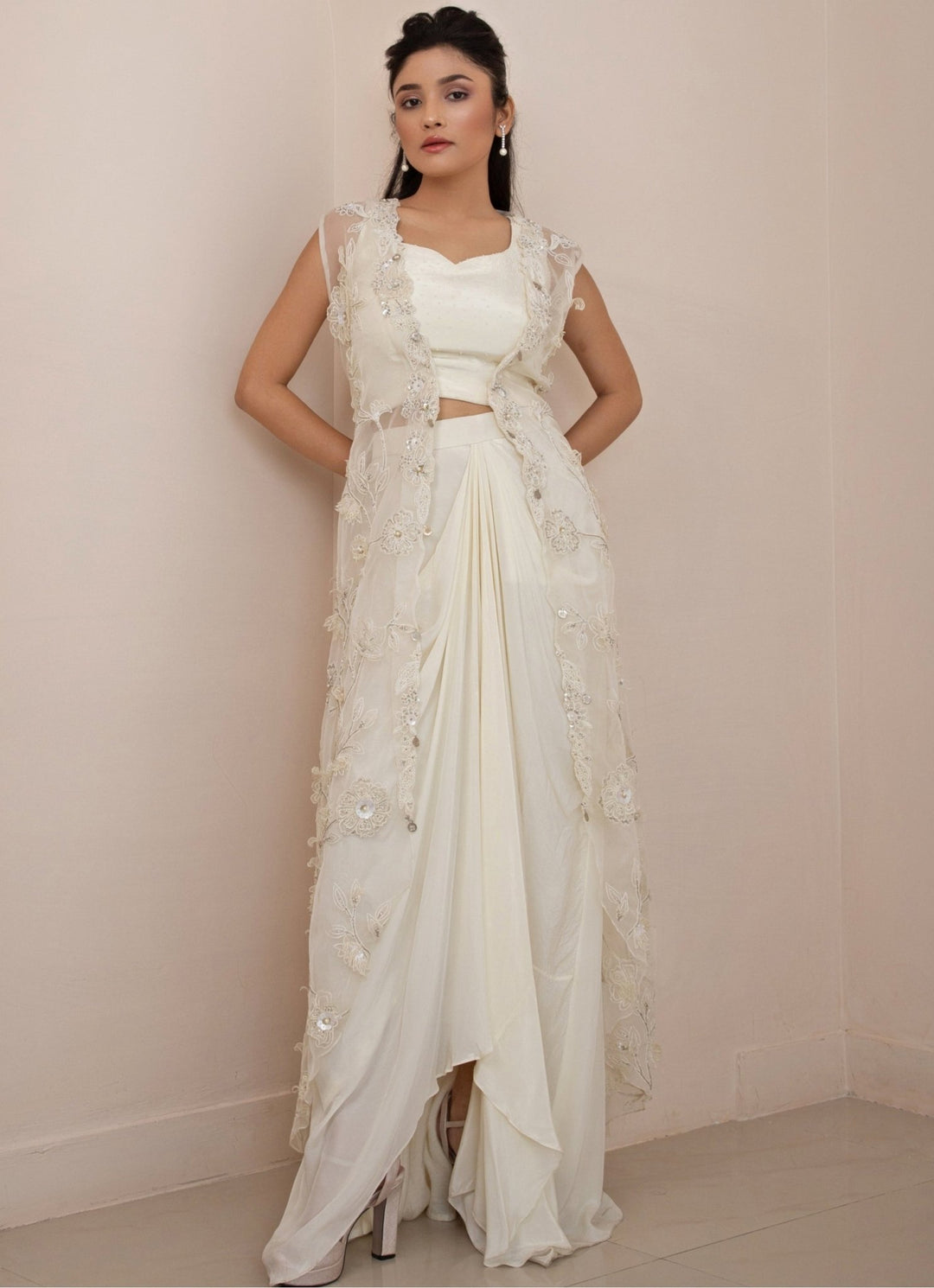 Ivory Satin Drape Skirt With Sequin Embroidered Cape Smriti - Fabilicious Fashion