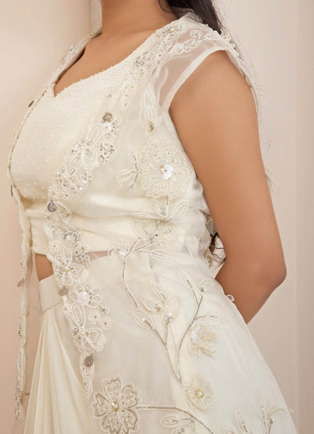 Ivory Satin Drape Skirt With Sequin Embroidered Cape Smriti - Fabilicious Fashion