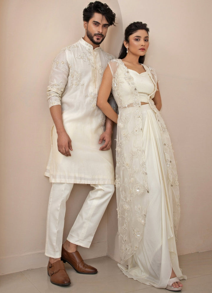 Ivory Satin Drape Skirt With Sequin Embroidered Cape Smriti - Fabilicious Fashion