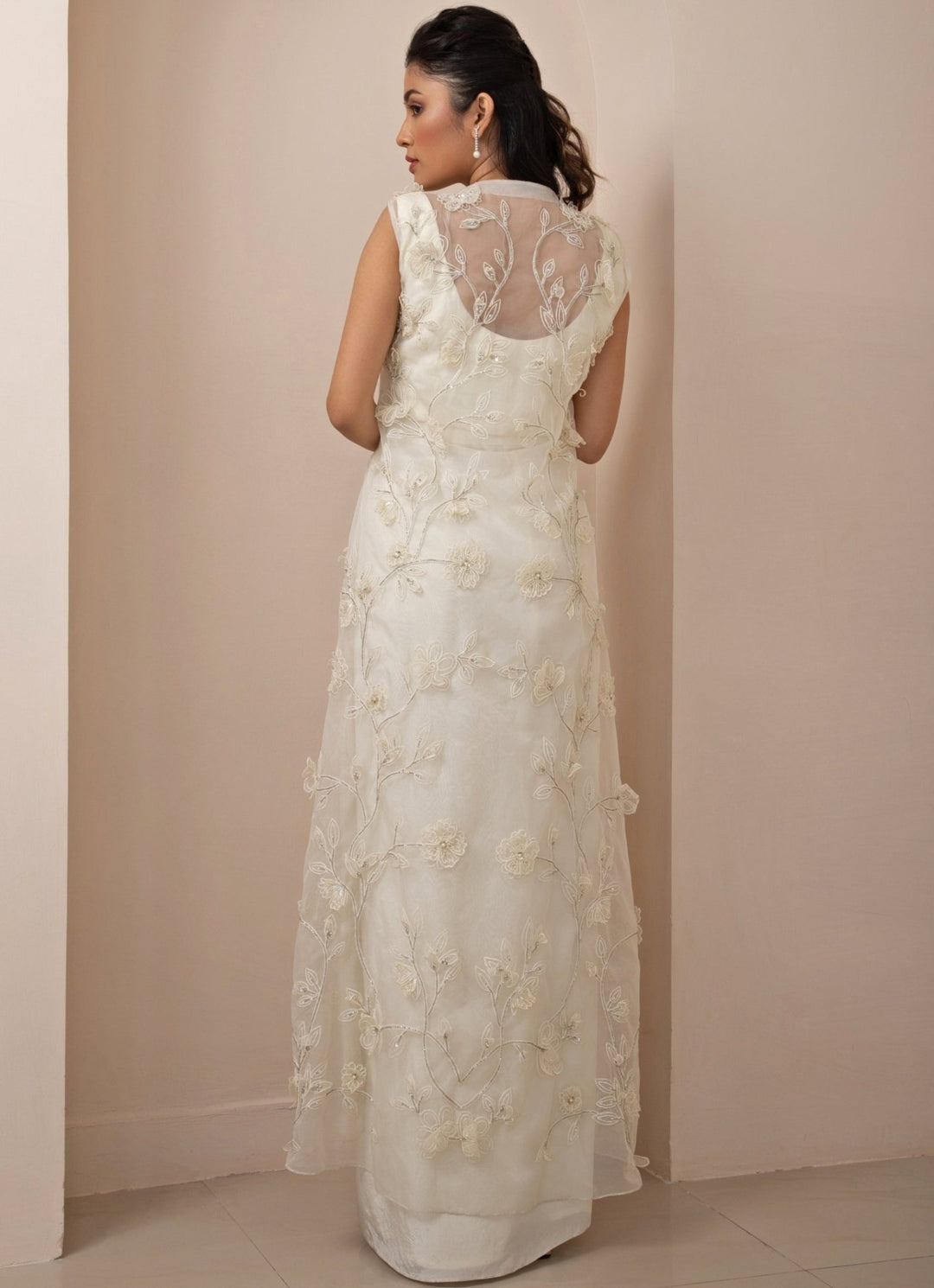 Ivory Satin Drape Skirt With Sequin Embroidered Cape Smriti - Fabilicious Fashion