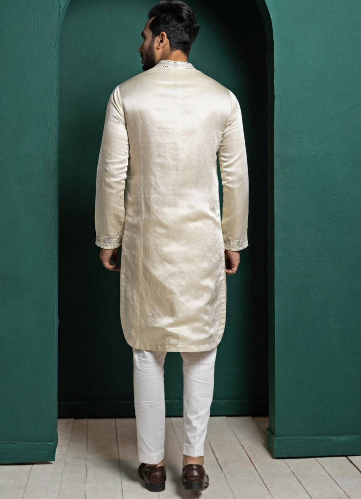 Ivory Satin Embroidered Kurta Pant Set Smriti - Fabilicious Fashion