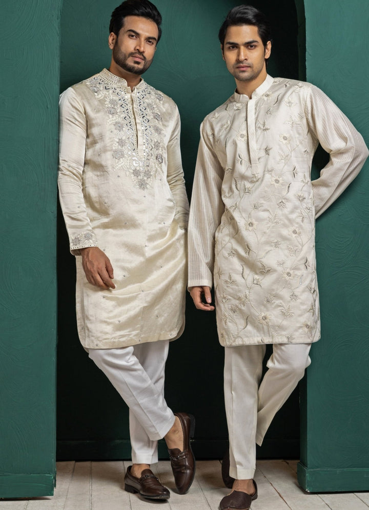 Ivory Satin Embroidered Kurta Pant Set Smriti - Fabilicious Fashion