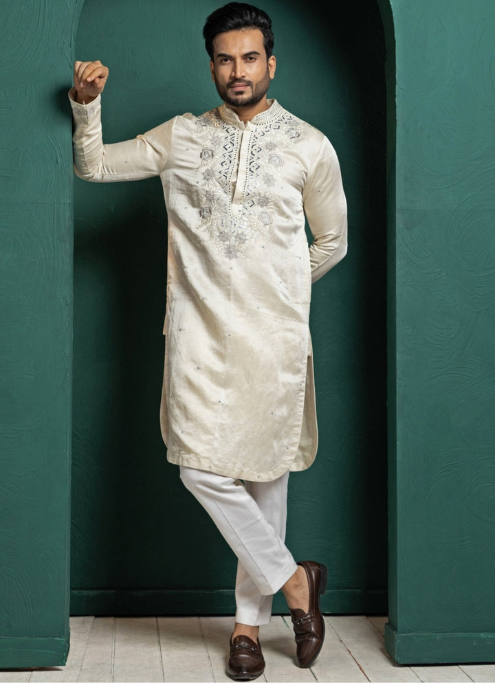 Ivory Satin Embroidered Kurta Pant Set Smriti - Fabilicious Fashion