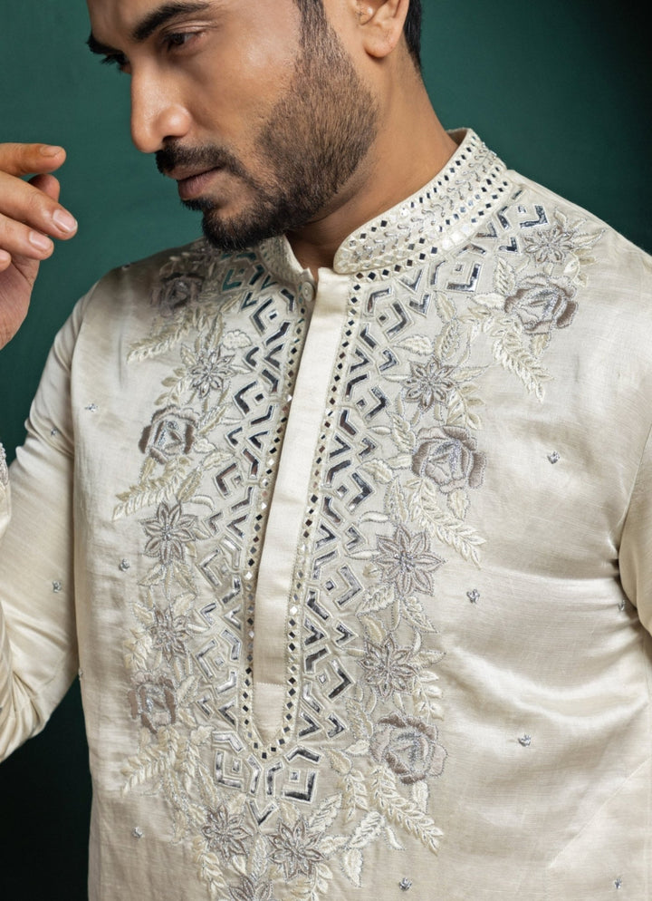 Ivory Satin Embroidered Kurta Pant Set Smriti - Fabilicious Fashion