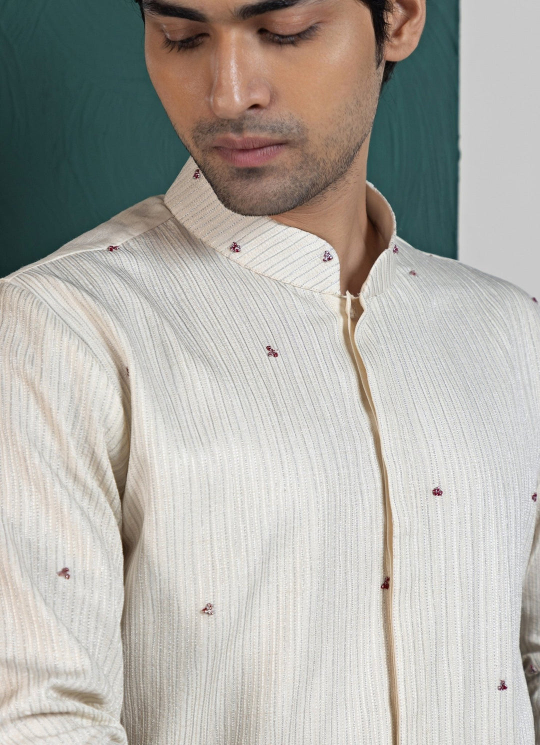 Ivory Satin Embroidered Nehru Jacket and Kurta Pant Set Smriti - Fabilicious Fashion