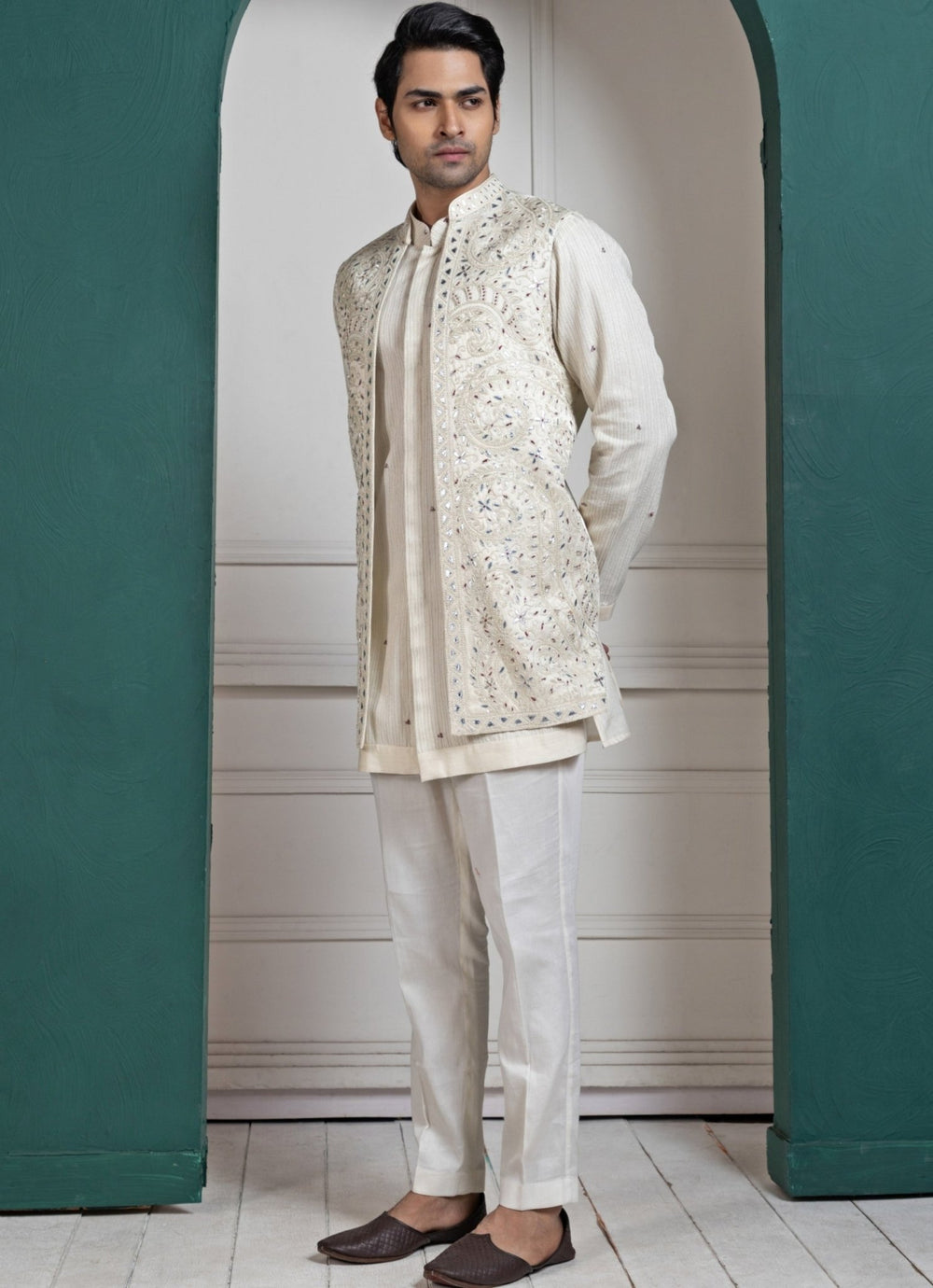 Ivory Satin Embroidered Nehru Jacket and Kurta Pant Set Smriti - Fabilicious Fashion