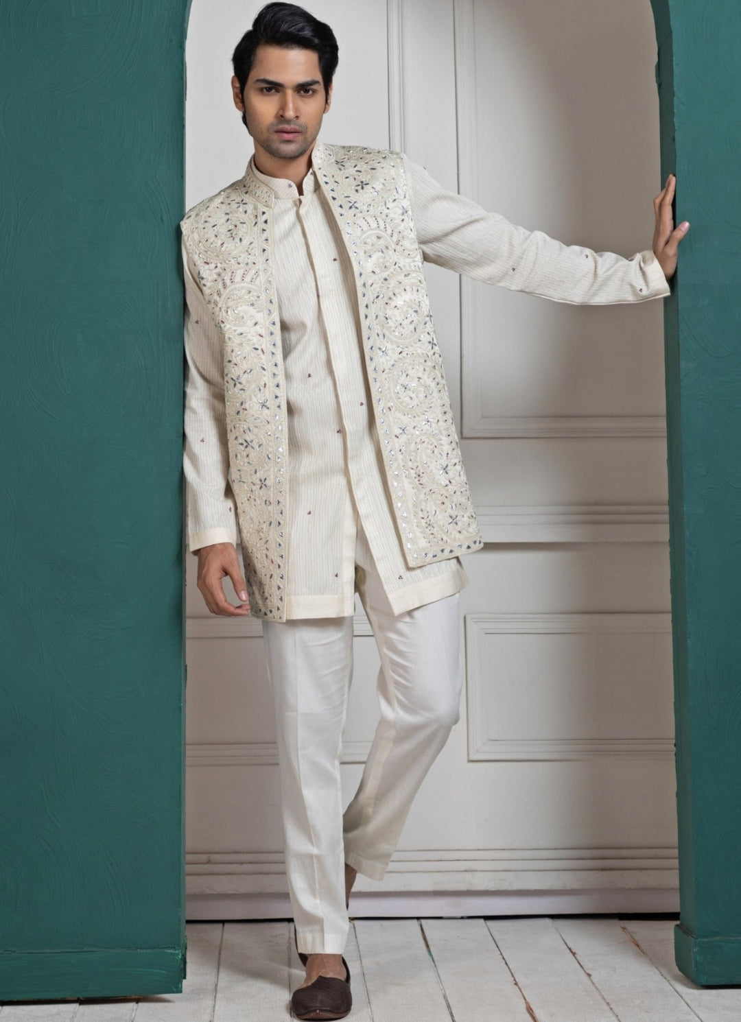 Ivory Satin Embroidered Nehru Jacket and Kurta Pant Set Smriti - Fabilicious Fashion