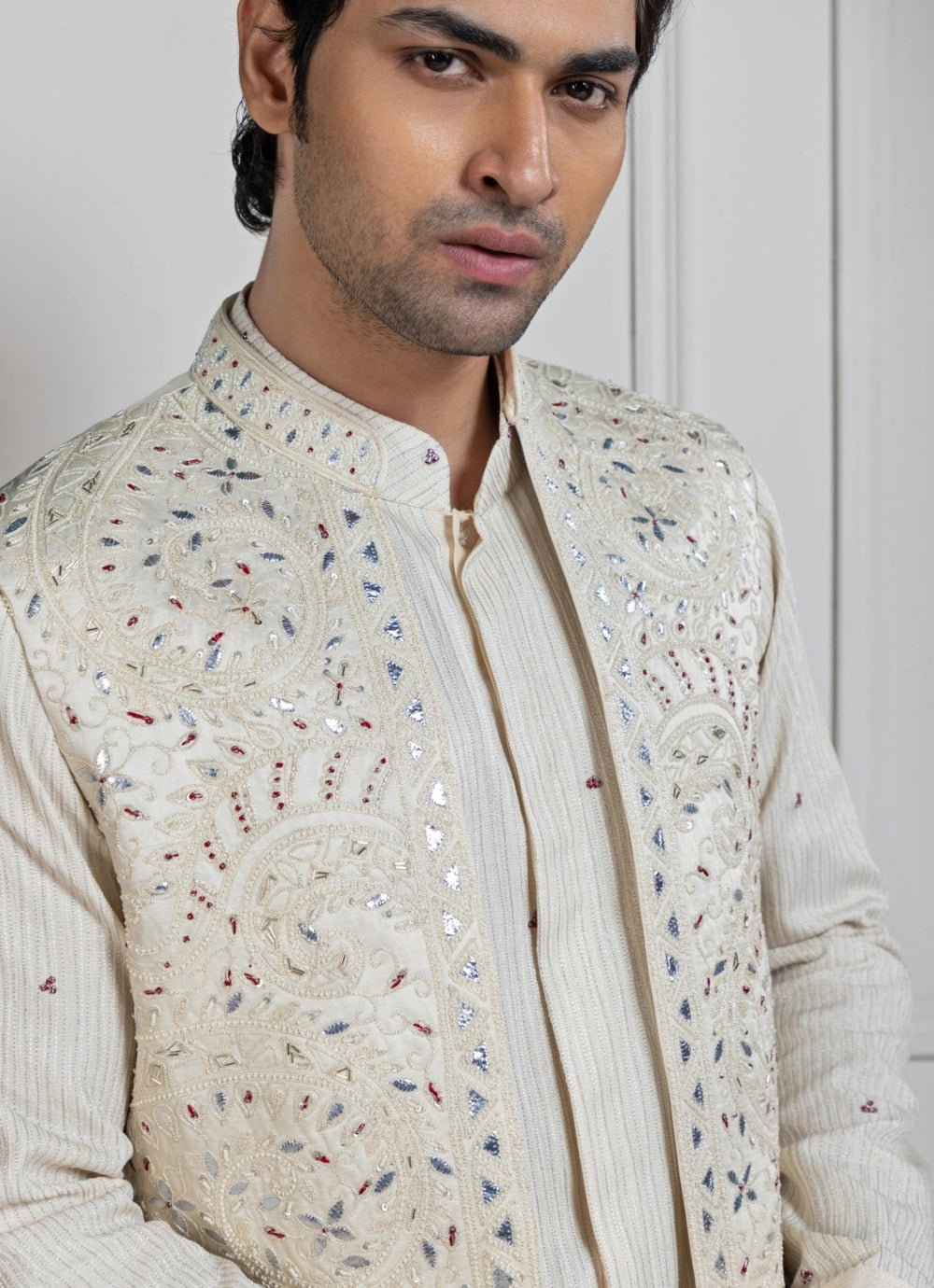 Ivory Satin Embroidered Nehru Jacket Smriti - Fabilicious Fashion