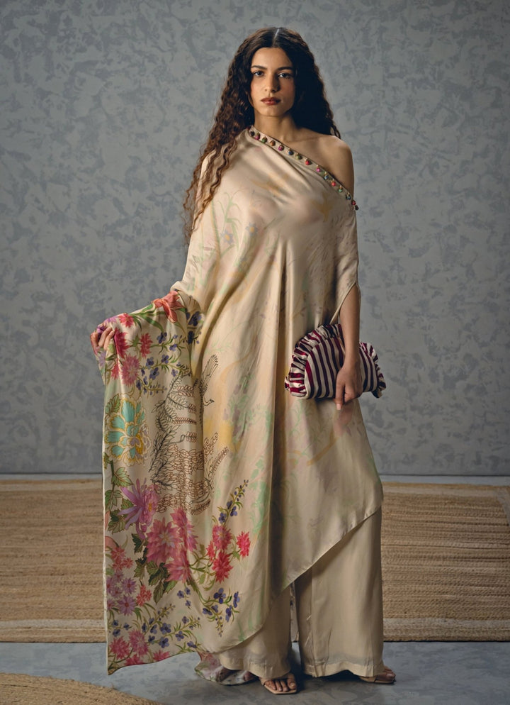 Paulmi and Harsh X Ease Ivory Satin One Shoulder Printed Dress And Pants SetFabilicious Fashion
