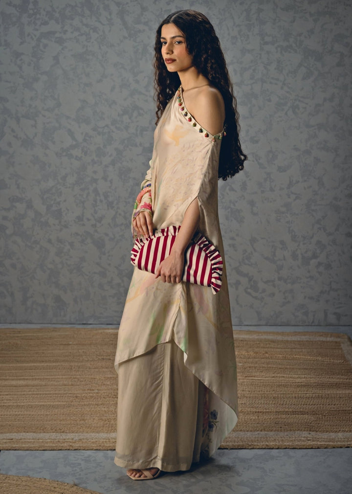 Paulmi and Harsh X Ease Ivory Satin One Shoulder Printed Dress And Pants SetFabilicious Fashion