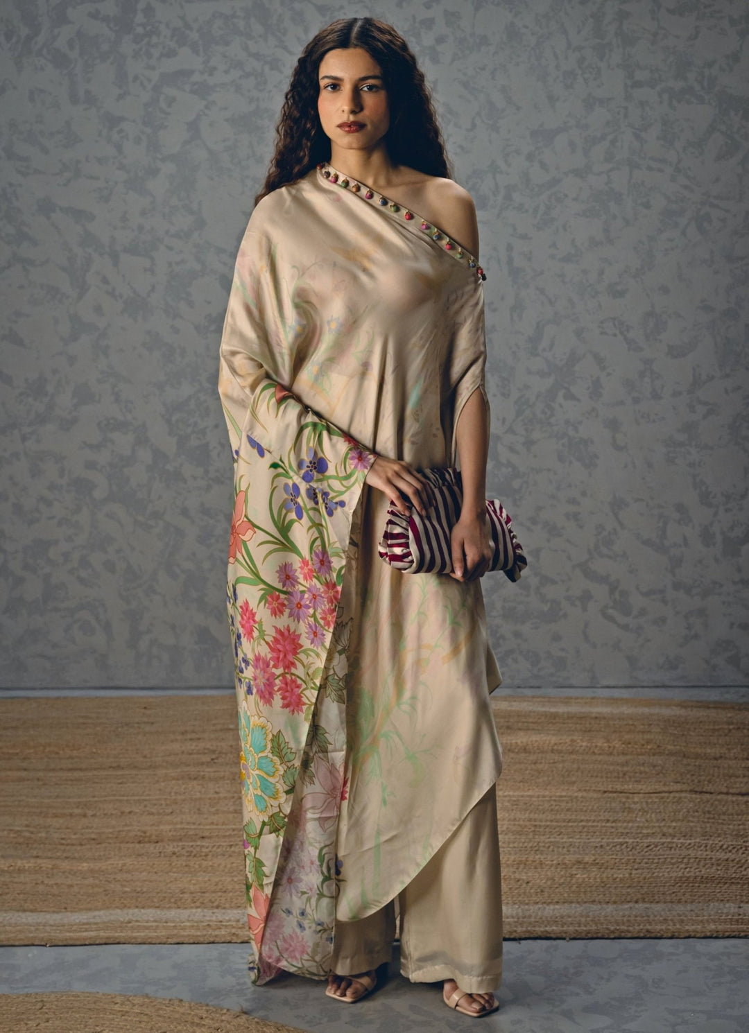 Paulmi and Harsh X Ease Ivory Satin One Shoulder Printed Dress And Pants SetFabilicious Fashion