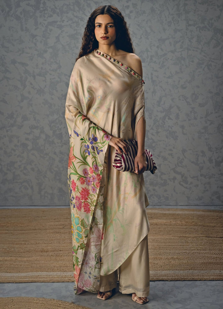 Paulmi and Harsh X Ease Ivory Satin One Shoulder Printed Dress And Pants SetFabilicious Fashion