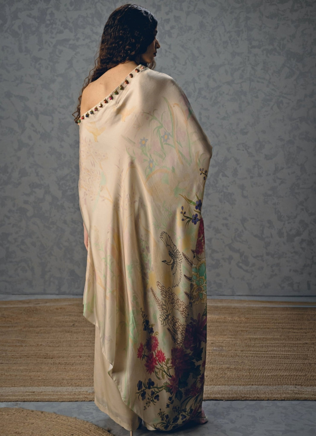 Paulmi and Harsh X Ease Ivory Satin One Shoulder Printed Dress And Pants SetFabilicious Fashion