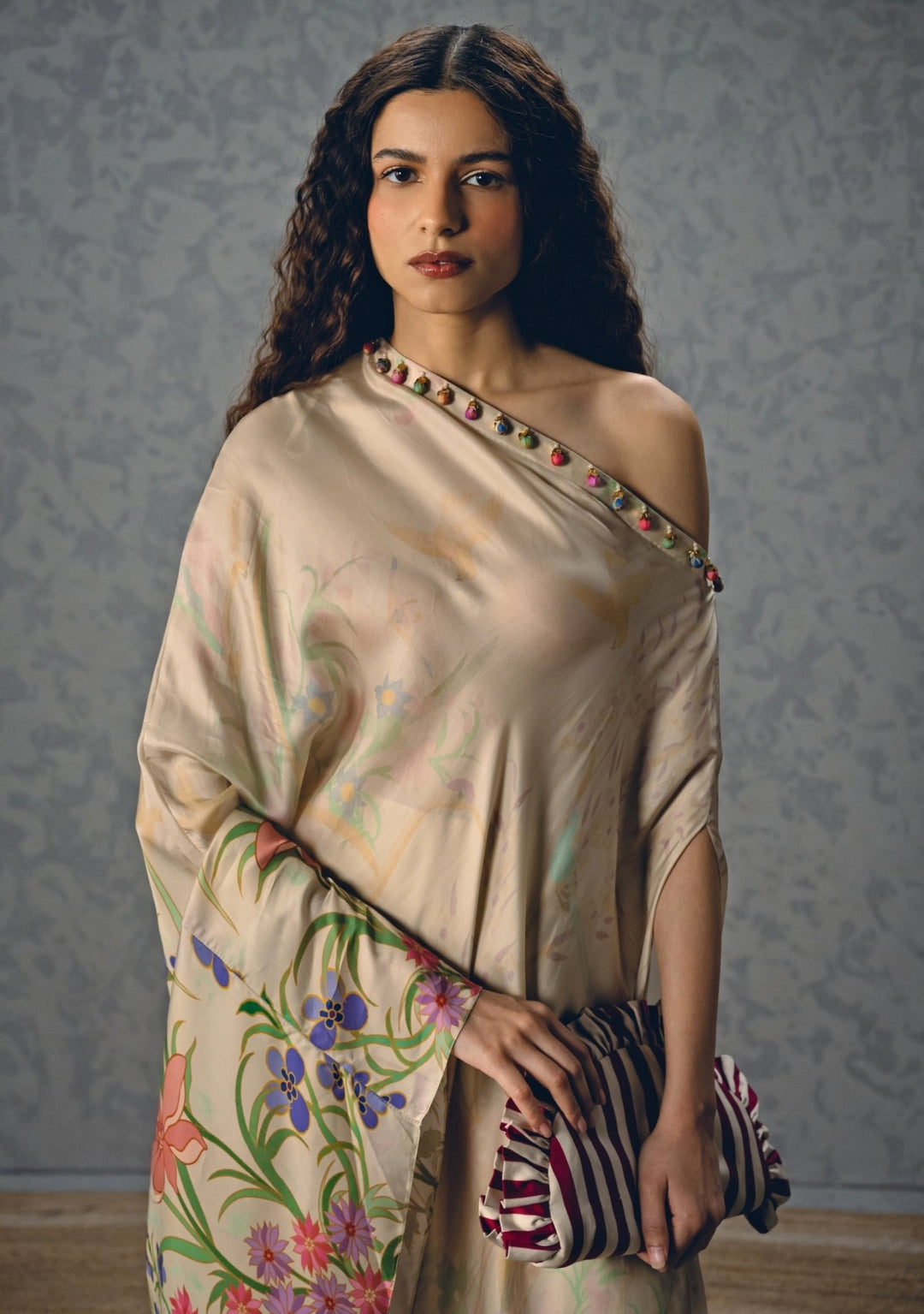 Paulmi and Harsh X Ease Ivory Satin One Shoulder Printed Dress And Pants SetFabilicious Fashion