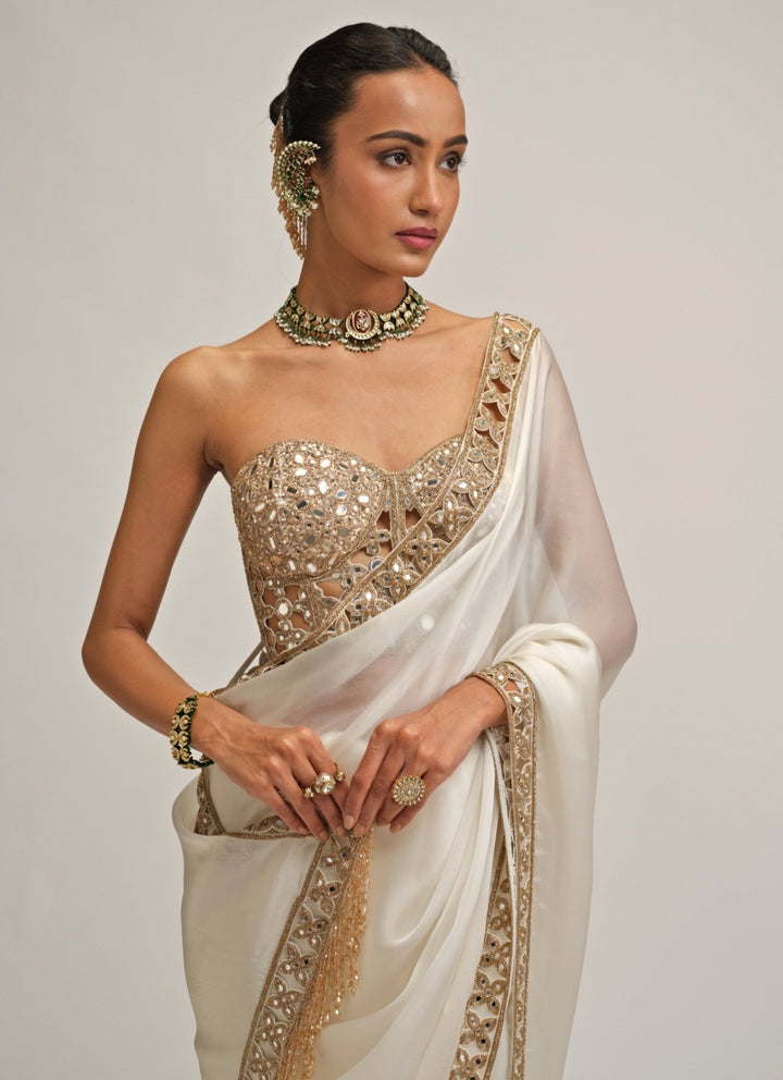 Vvani by Vani Vats Ivory Satin Organza Saree With Corset BlouseFabilicious Fashion