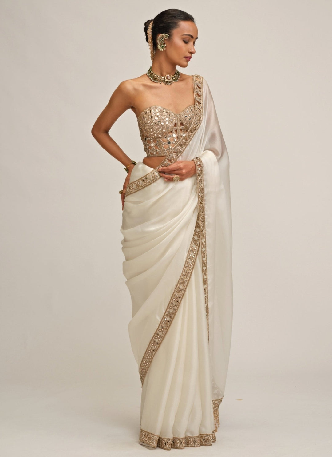 Vvani by Vani Vats Ivory Satin Organza Saree With Corset BlouseFabilicious Fashion