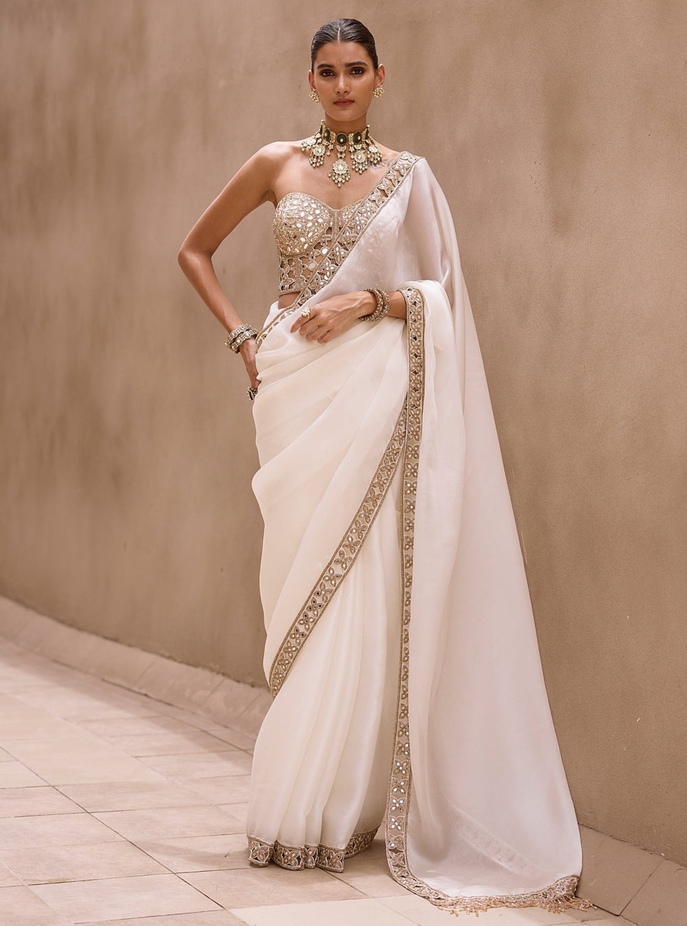 Vvani by Vani Vats Ivory Satin Organza Saree With Corset BlouseFabilicious Fashion