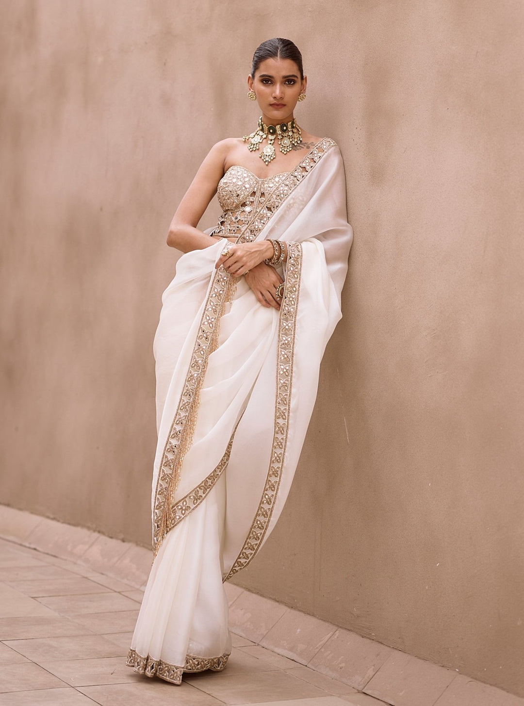 Vvani by Vani Vats Ivory Satin Organza Saree With Corset BlouseFabilicious Fashion