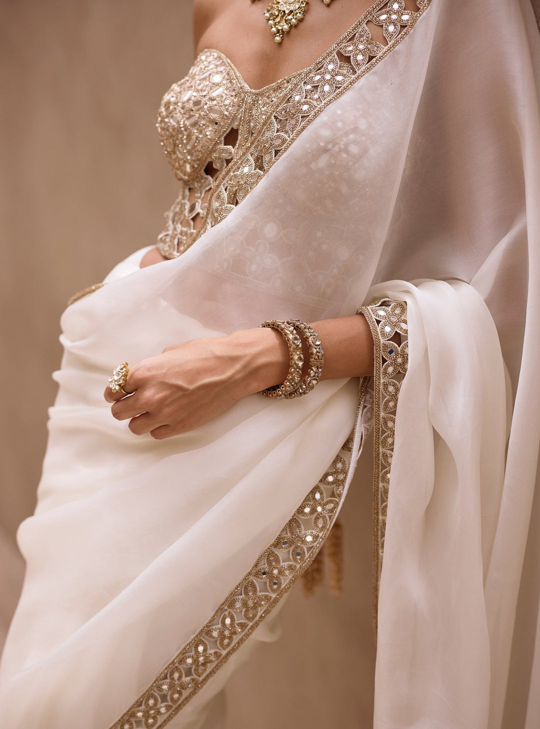 Vvani by Vani Vats Ivory Satin Organza Saree With Corset BlouseFabilicious Fashion