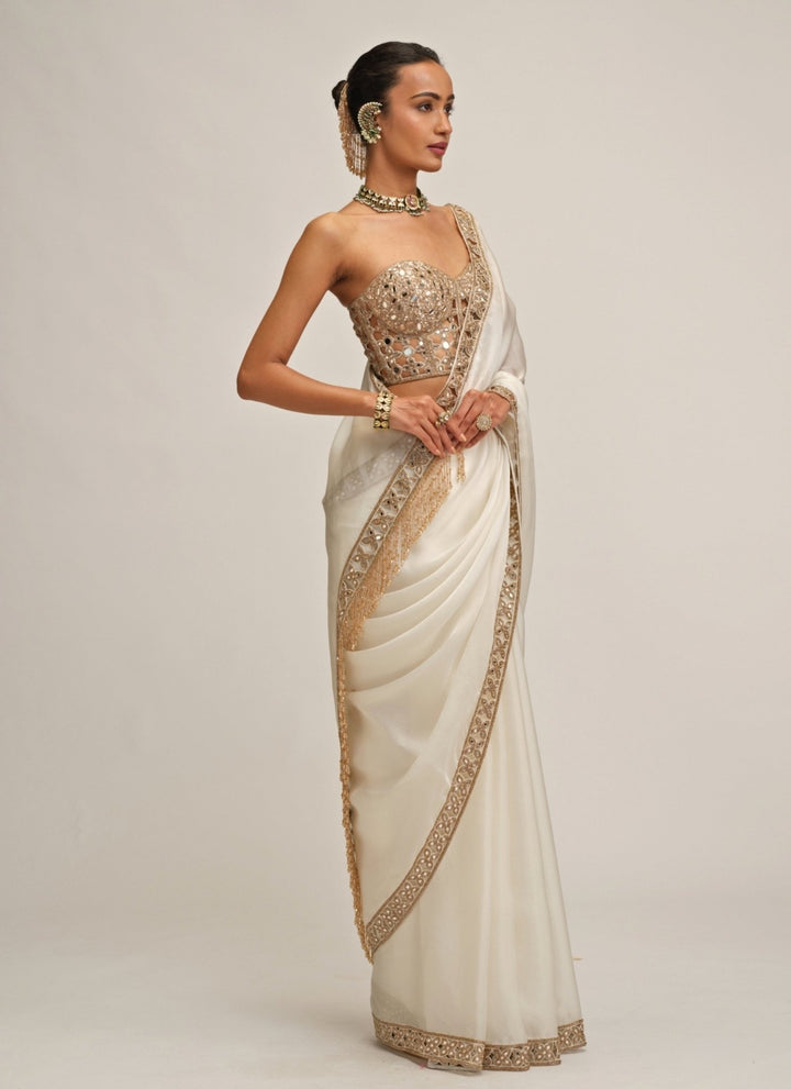 Vvani by Vani Vats Ivory Satin Organza Saree With Corset BlouseFabilicious Fashion