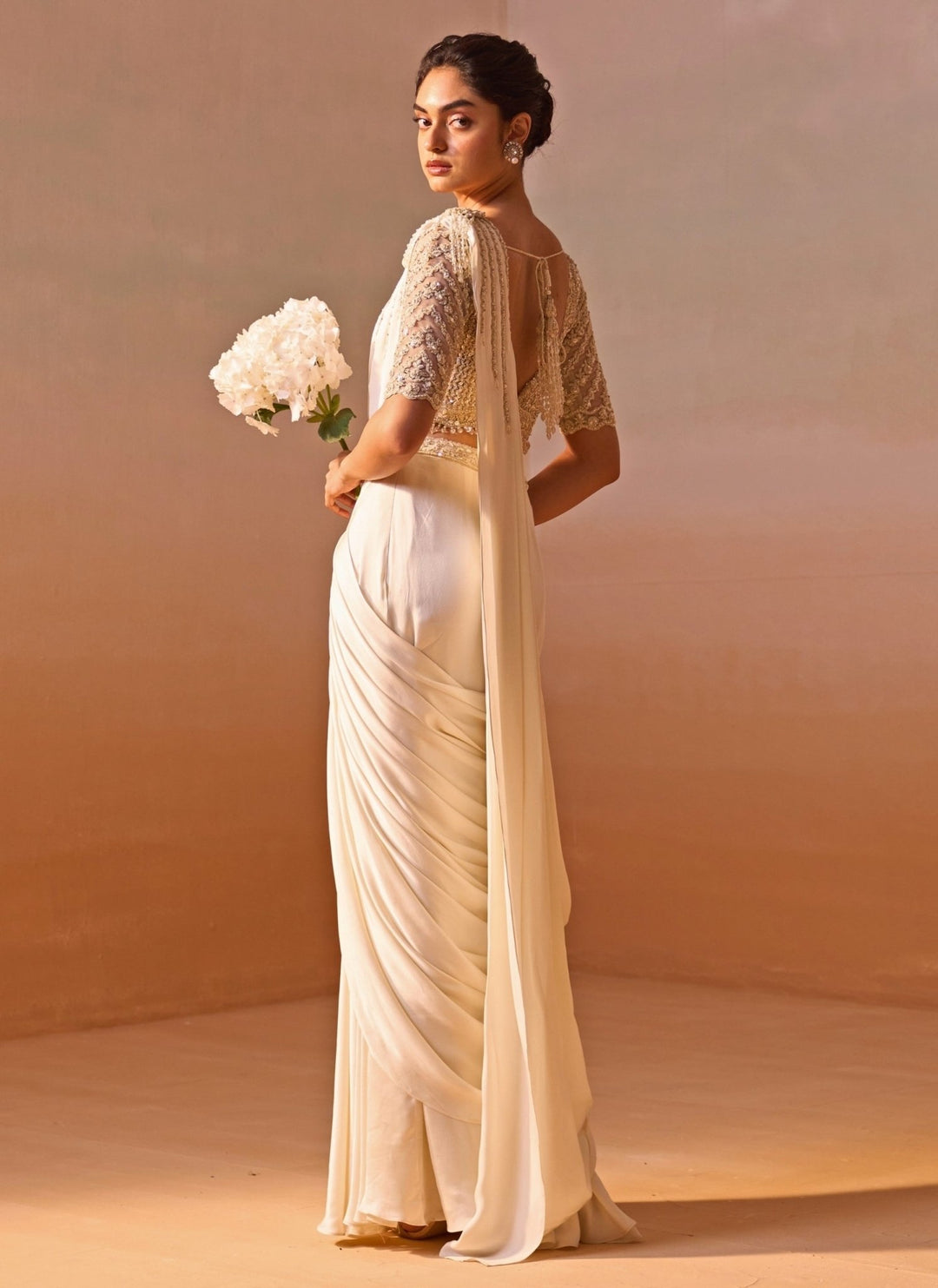 Nitika Gujral Ivory Satin Pre Draped Saree SetFabilicious Fashion