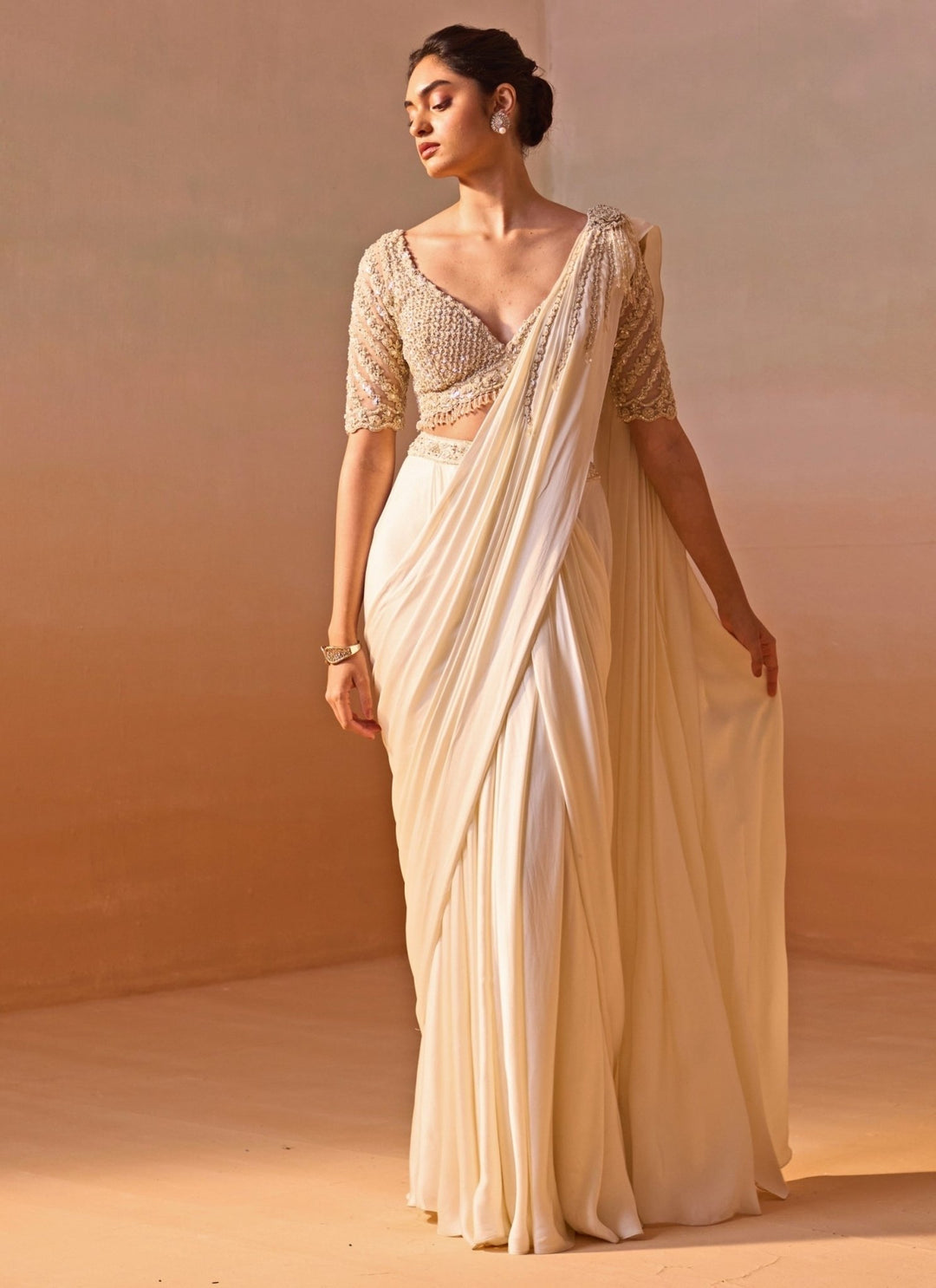 Nitika Gujral Ivory Satin Pre Draped Saree SetFabilicious Fashion
